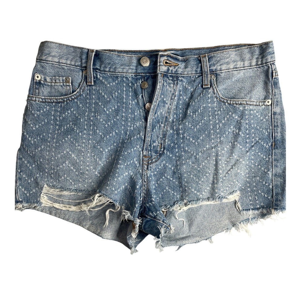 Aeropostale Jean Shorts Womens 12 Boyfriend Embroidered Chevron Distressed Blue